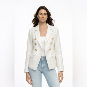 LOA LABEL Sophia Gold Button White Tweed Blazer